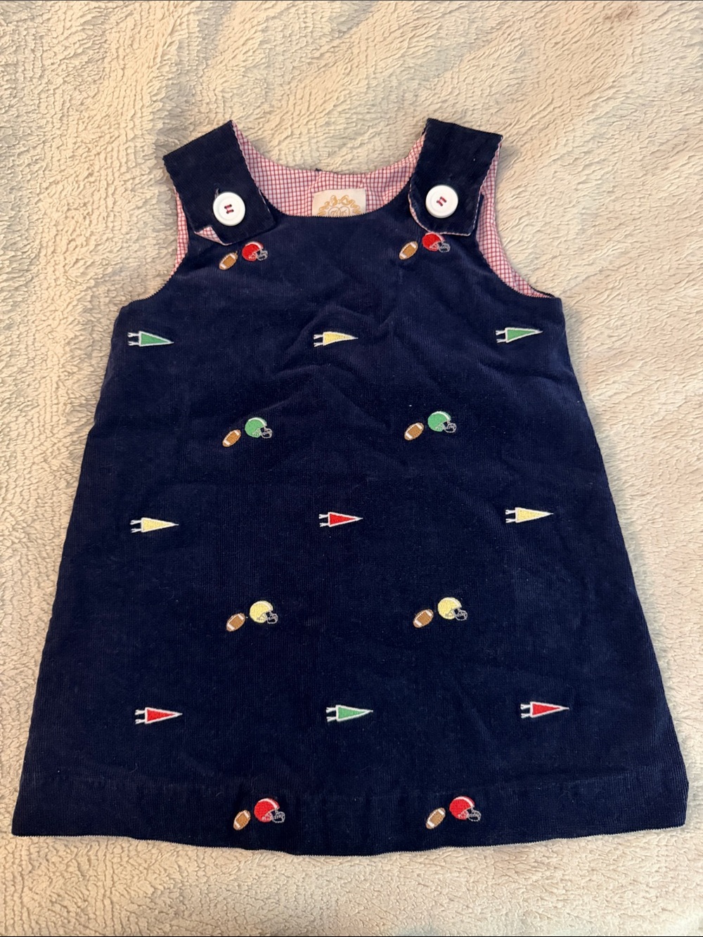 Beaufort Bonnet Company Navy Embroidered Corduroy Pinafore Dress Football Theme